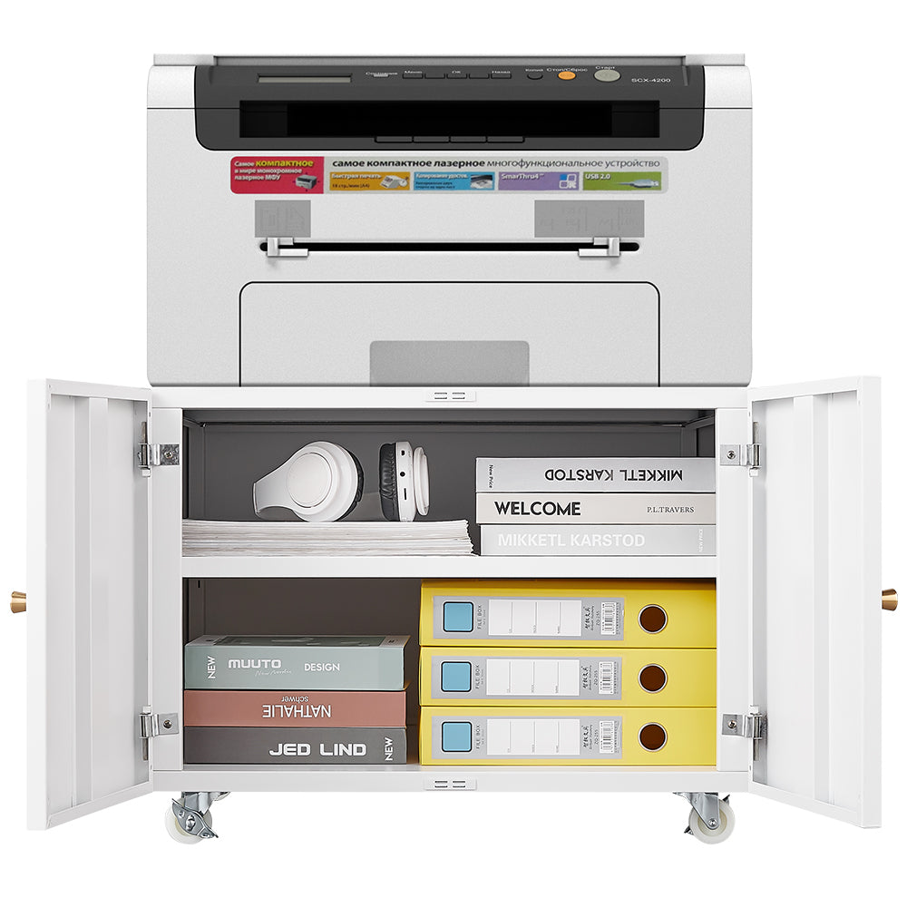 Versatile Mobile Copier Cabinet - White Steel 2-Door Printer and File Stand