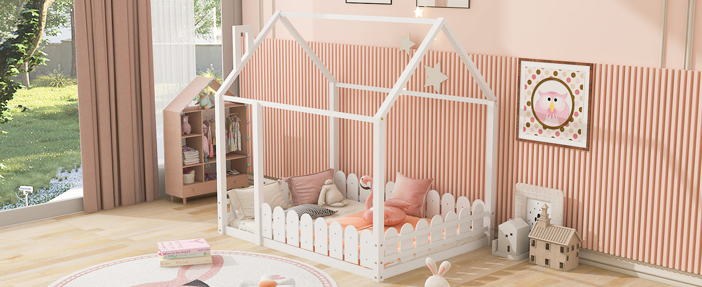 Full Size Wooden House Bed Frame with Fence for Kids and Teens - White (Slats Not Included)