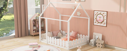 Full Size Wooden House Bed Frame with Fence for Kids and Teens - White (Slats Not Included)
