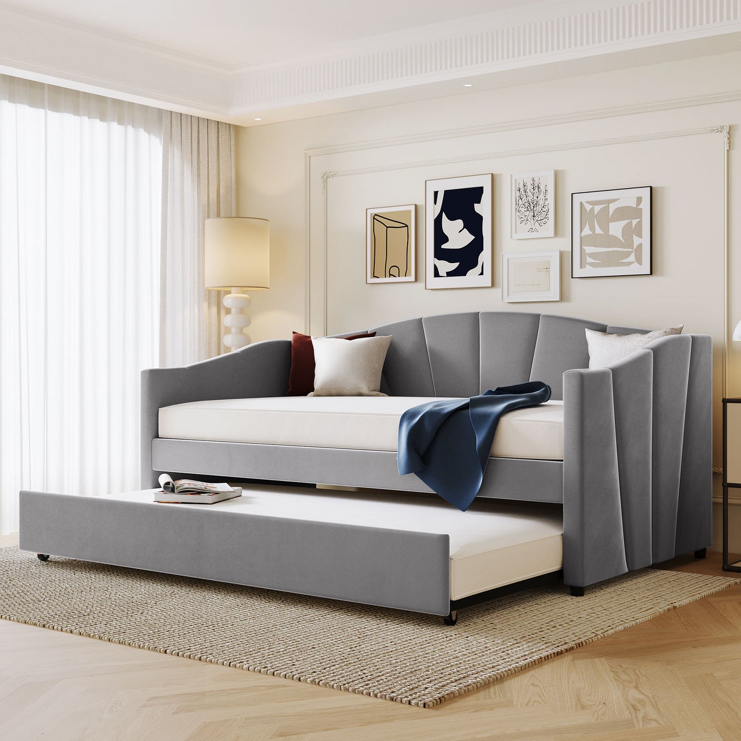 Elegant Gray Upholstered Twin Daybed Sofa with Trundle and Wooden Slats