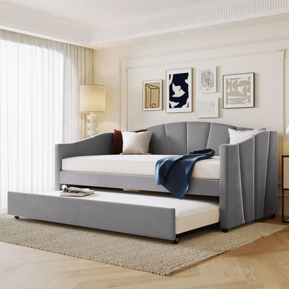 Elegant Gray Upholstered Twin Daybed Sofa with Trundle and Wooden Slats
