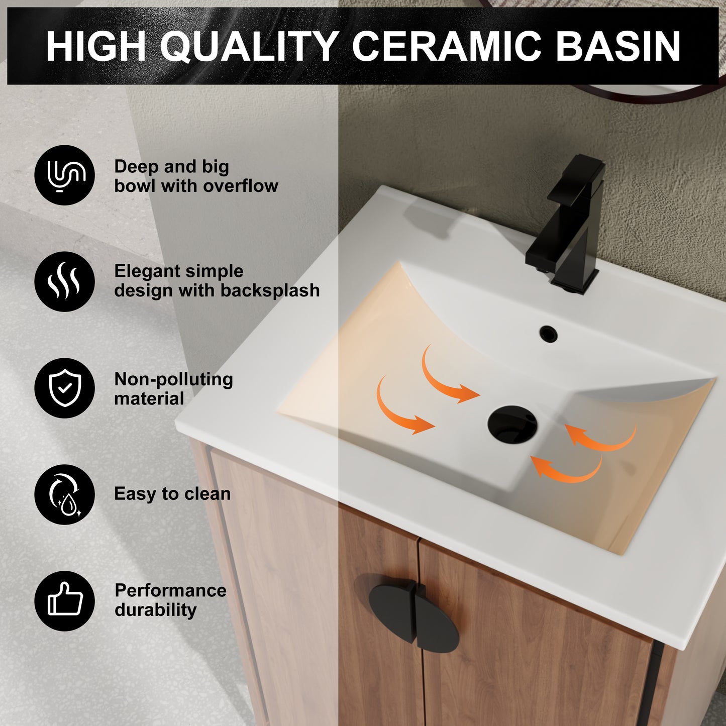 Modern 24-Inch Bathroom Vanity with Ceramic Sink, Stylish Storage Cabinet with Soft Closing Doors