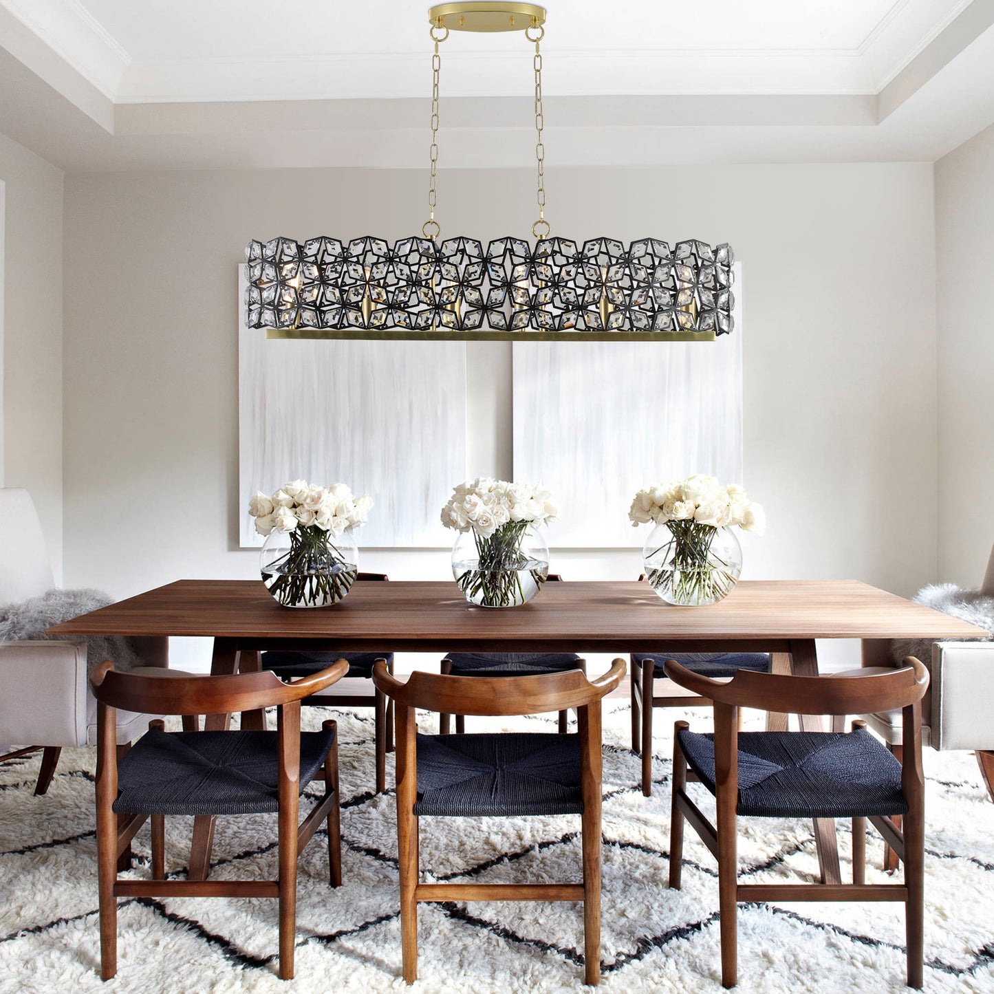 Oval Crystal Chandelier, K9 Crystals, 39.4in L x 11.8in W, 6-Light E12, Sand Gold with Black Finish