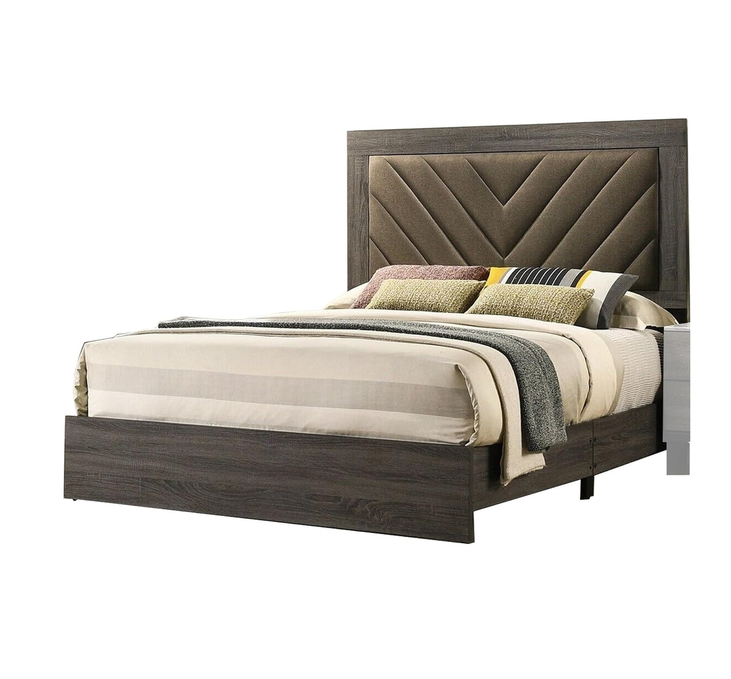 Elegant Gray Upholstered Queen Bed Frame with Rubberwood Construction and Stylish Headboard