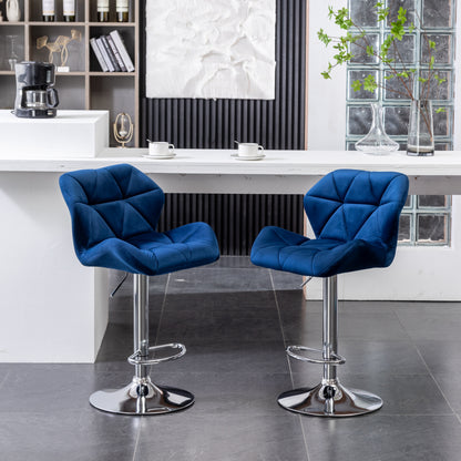 Breni Velvet Diamond Tufted Swivel Adjustable Height Barstool, Set of 2, Blue
