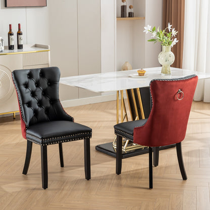 Modern Tufted Solid Wood Dining Chairs, PU & Velvet, Wood Legs, Set of 2, Black + Burgundy