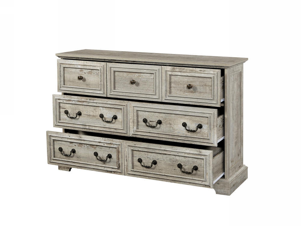 Vintage-Inspired 7-Drawer Rustic Dresser for Bedroom, Elegant Storage Chest with Antique Finish, Versatile Organizer for Living Room and Hallway, Distressed White Wood Design