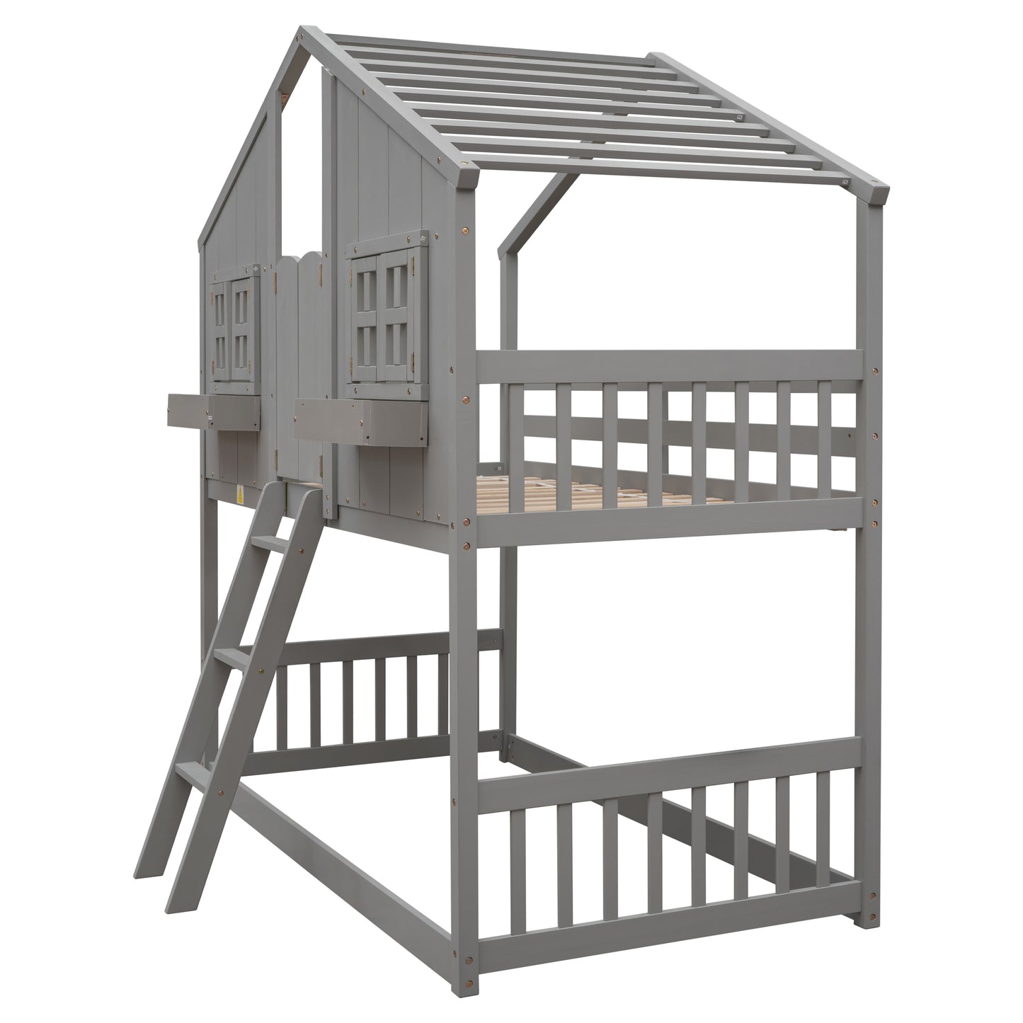 Twin House Bunk Bed for Kids with Roof and Windows - Twin Over Twin Design in Grey