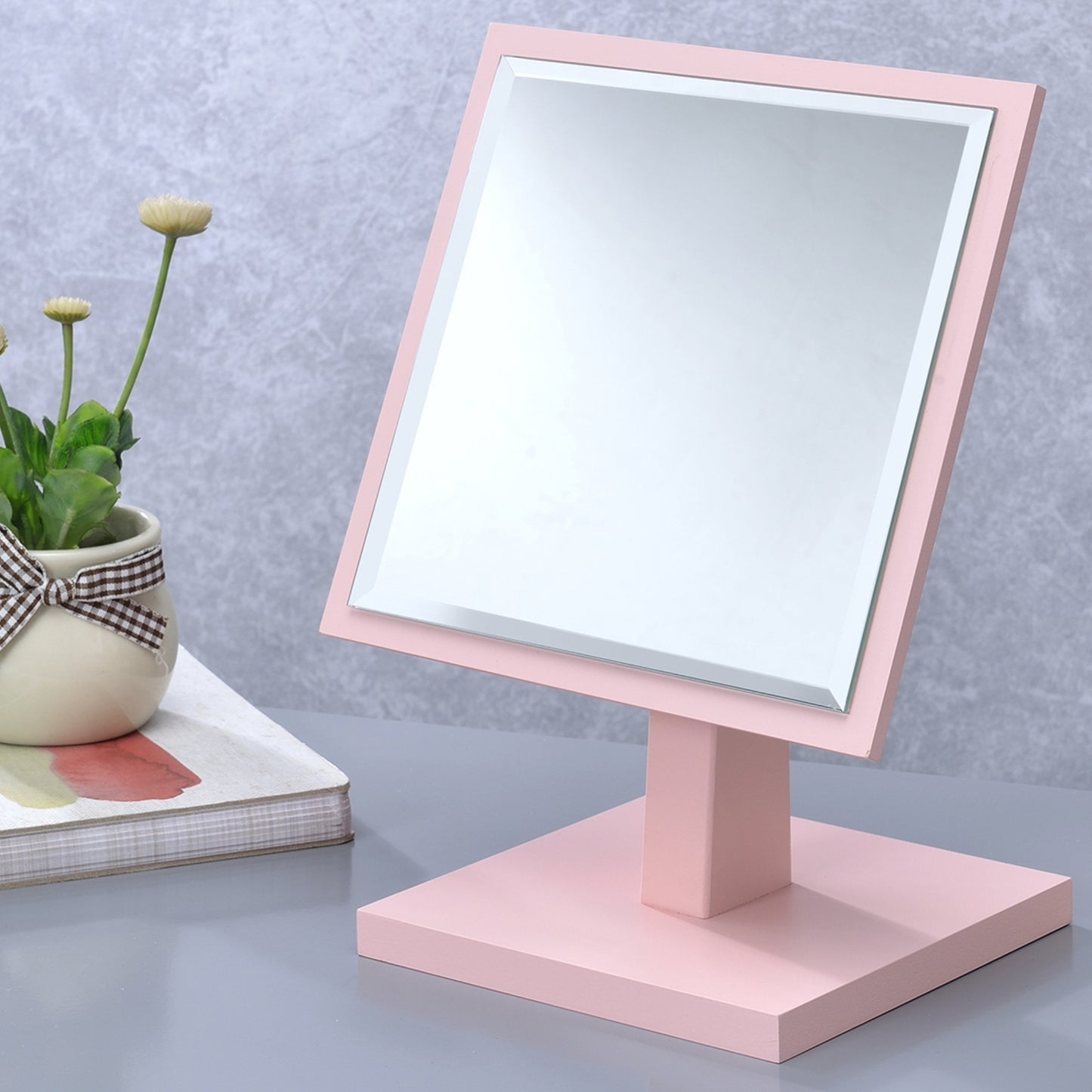 Pastel Pink 9.25" Decorative Pedestal Makeup Mirror with Wooden Base