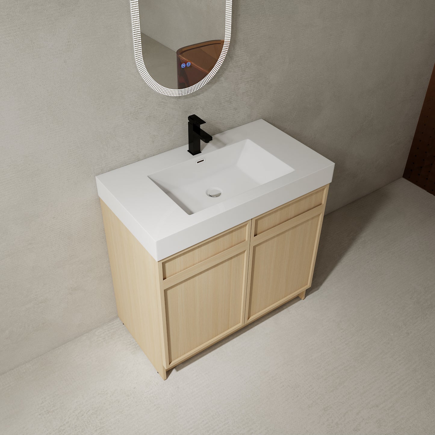 Modern 36" Freestanding Oak Bathroom Vanity with Soft-Close Doors & Integrated White Resin Sink