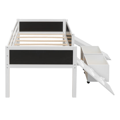 Creative Twin Loft Bed with Climbing Frame and Chalkboard - White