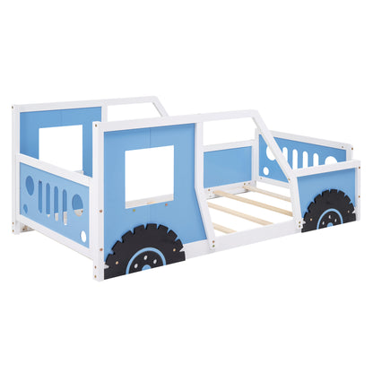 Blue Twin Size Car-Themed Platform Bed with Wheels