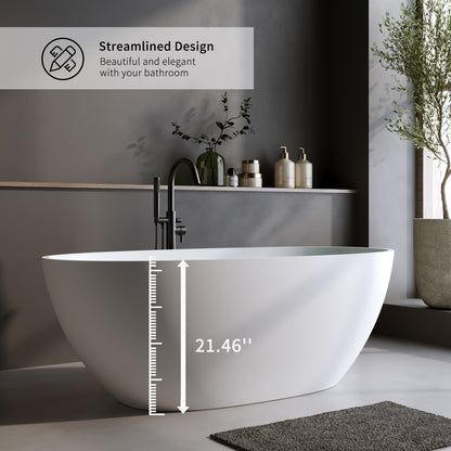 59'' Oval Matte White Solid Surface Freestanding Soaking Tub with Center Drain and Pop-up Drain System