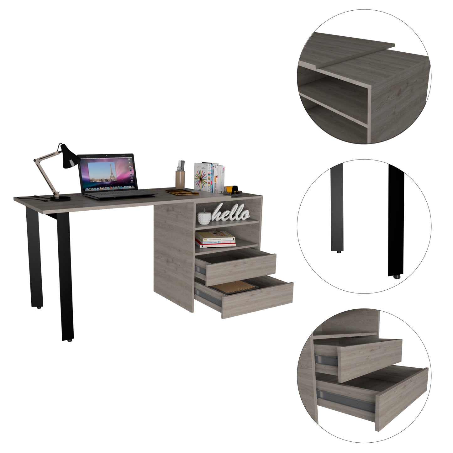 Modern Light Gray 2-Drawer Writing Desk with 2 Shelves