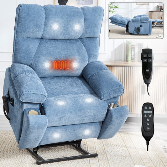 Power Lift Recliner with Dual-Motor Massage, 350 lb Capacity, 180° Recline, Hidden Cup Holders Blue