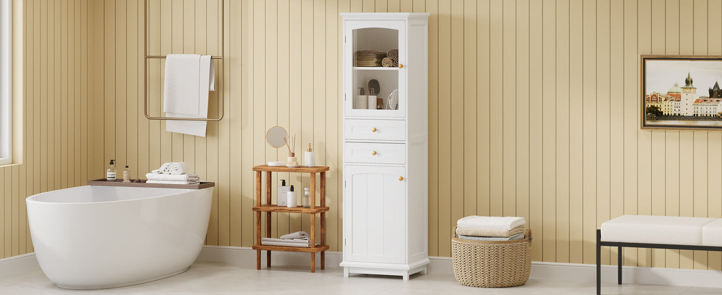 Elegant 63" Tall White Bathroom Storage Cabinet with Glass Doors, Two Drawers, Adjustable Shelves, and Anti-Tipping Design - Perfect for Organizing and Displaying Essentials