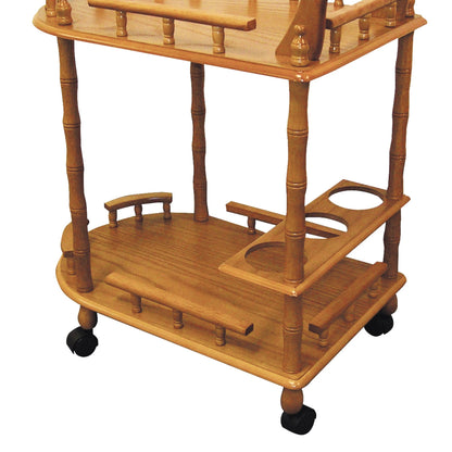 Elegant 29 Inch Oak Two Tier Wine Cart With Locking Wheels