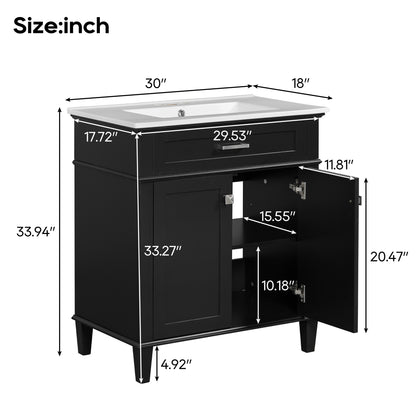 30-Inch Black Bathroom Vanity with Ceramic Sink, Soft-Close Doors, and Adjustable Storage Shelves