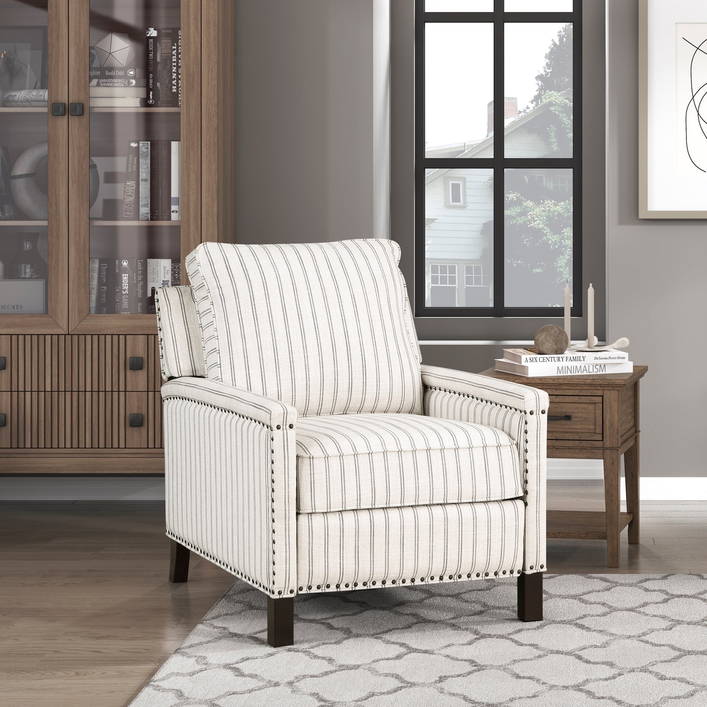 Traditional Living Room Push-Back Recliner Chair in Textured Fabric Nailhead Trim Solid Wood Frame Beige