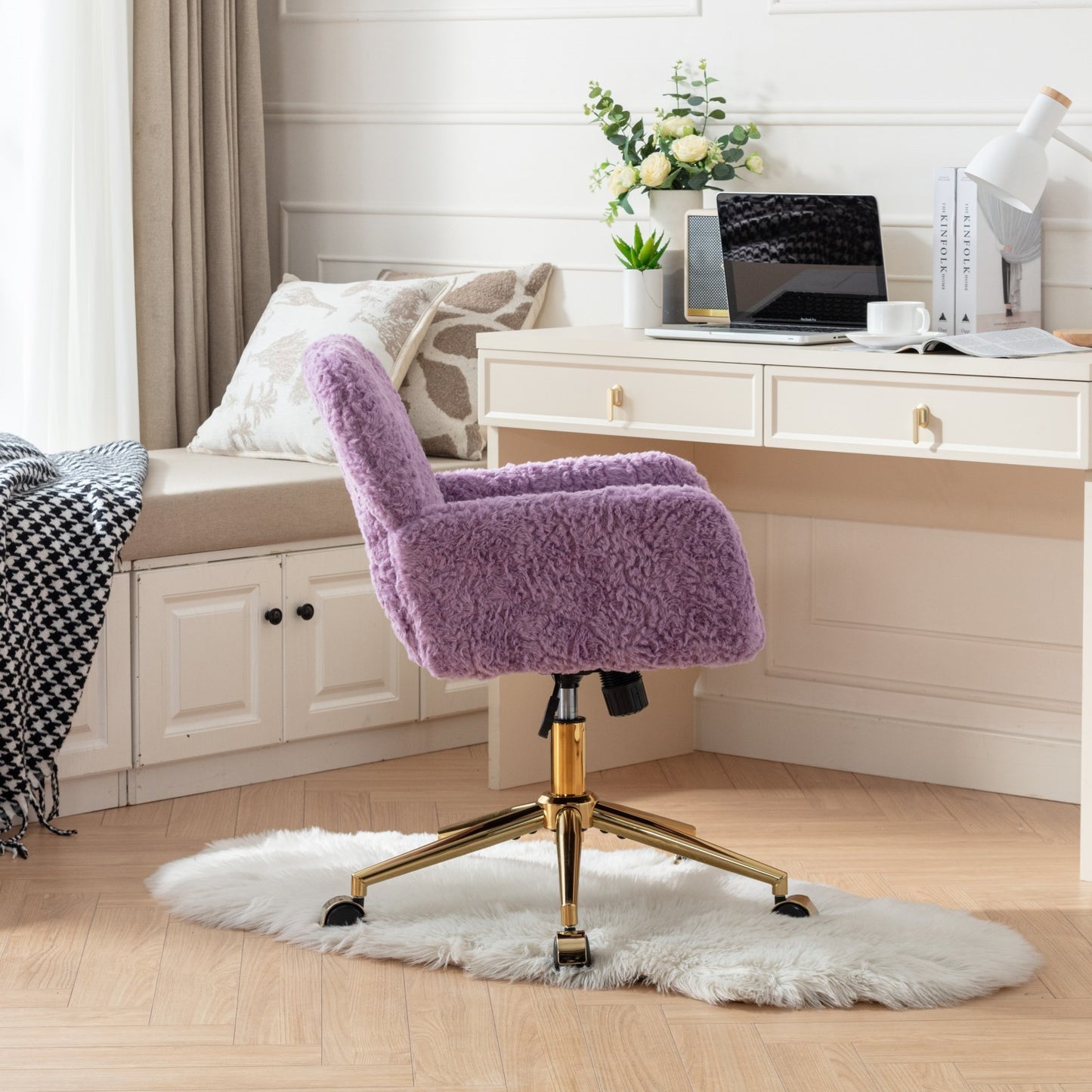 Violet Velvet Office Chair with Golden Base, Adjustable Swivel Design, Plush Artificial Alpaca Wool Upholstery, Ideal for Home and Vanity Use