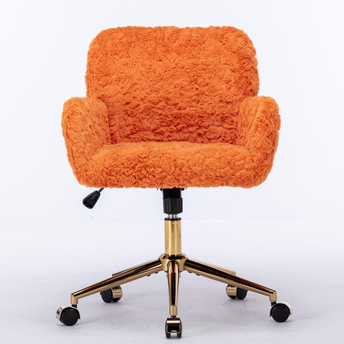 Orange Upholstered Home Office Chair with Golden Base - Adjustable Swivel Vanity Chair Featuring Artificial Rabbit Hair and Reclining Chassis