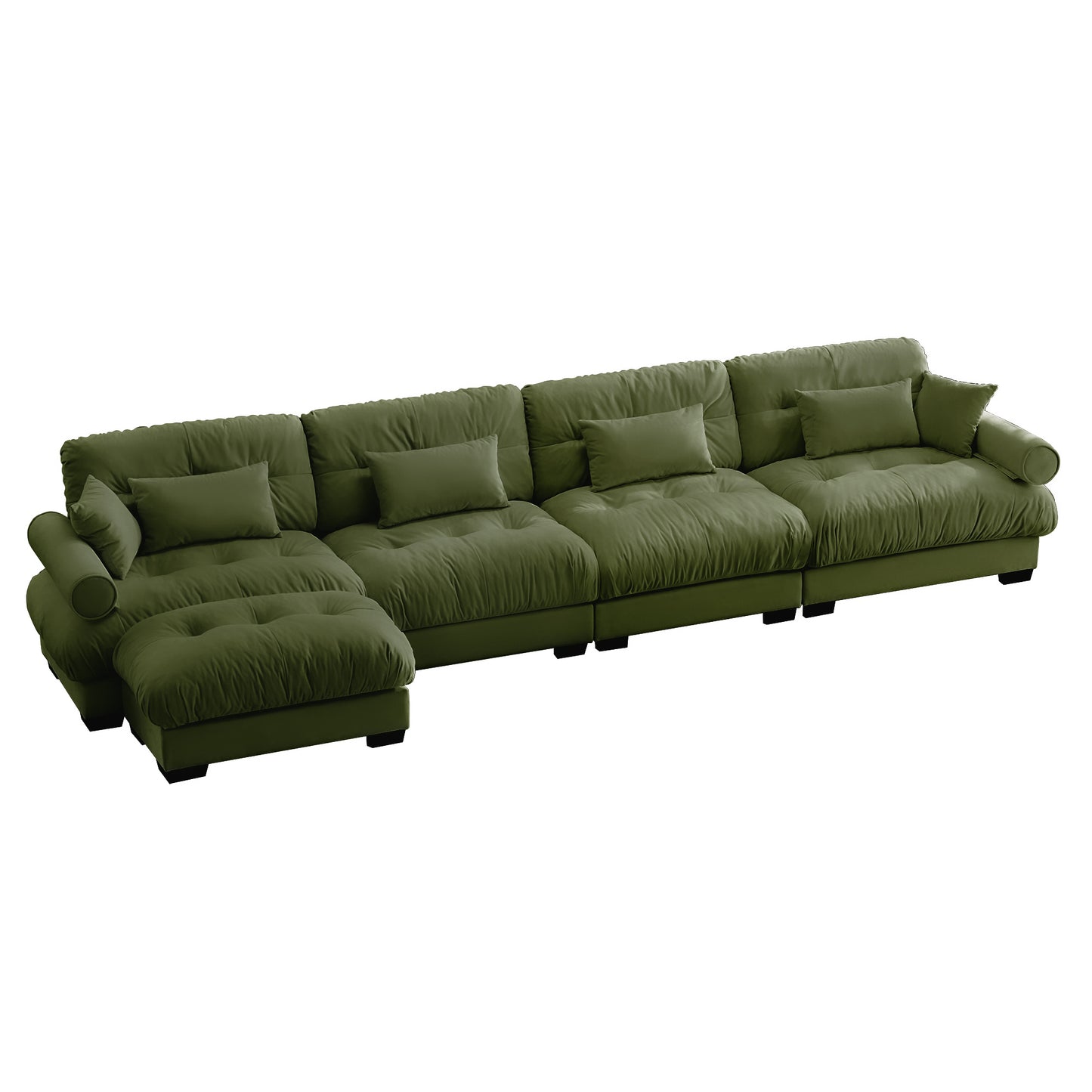 Velvet L-Shaped Sectional with Convertible, Deep 4-Seater Modular Couch, Bolstered Armrests, Olive Green