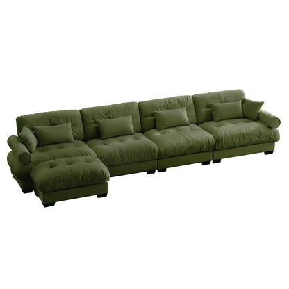 Velvet L-Shaped Sectional with Convertible, Deep 4-Seater Modular Couch, Bolstered Armrests, Olive Green