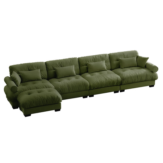 Velvet L-Shaped Sectional with Convertible, Deep 4-Seater Modular Couch, Bolstered Armrests, Olive Green