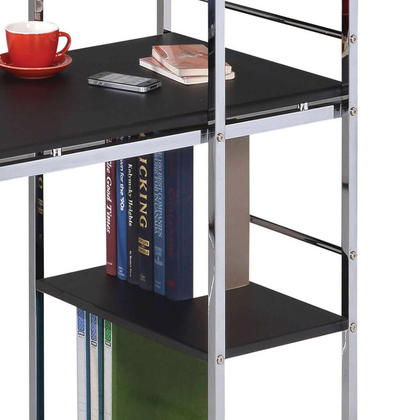 Modern Black & Chrome Industrial Writing Desk with Open Shelving