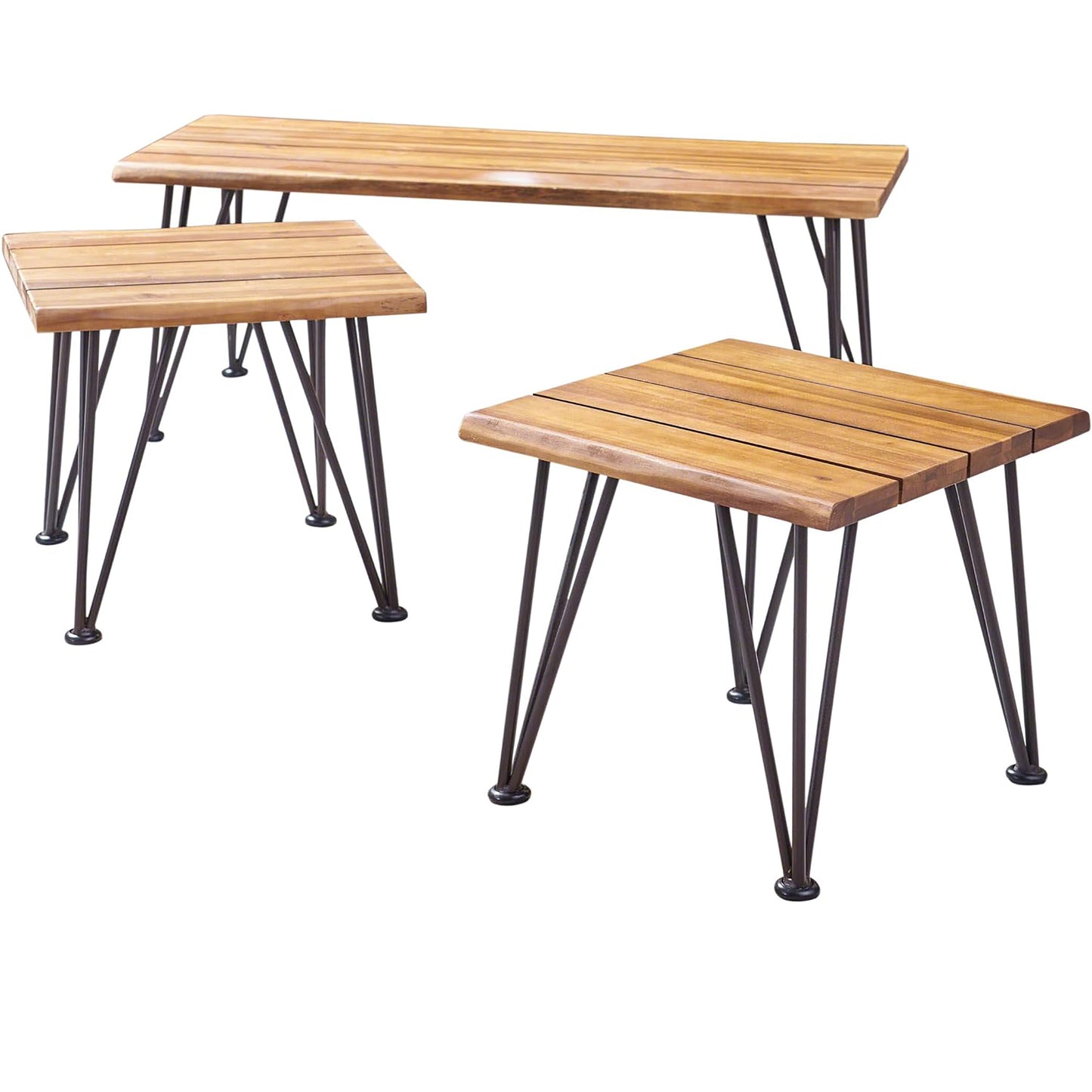 Outdoor Industrial Iron And Acacia Wood Coffee Table, 18 Inch Square, Weather Resistant Patio Table Teak Finish