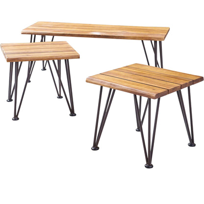 Outdoor Industrial Iron And Acacia Wood Coffee Table, 18 Inch Square, Weather Resistant Patio Table Teak Finish