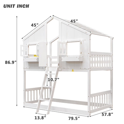 Charming Twin Over Twin House Bunk Bed with Roof and Window Features, Safety Guardrails and Ladder, White