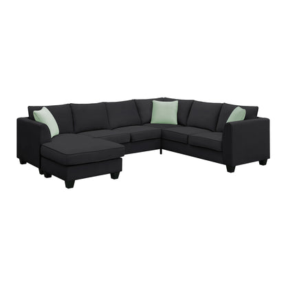 L-Shaped Fabric Sectional Sofa with Ottoman, 7 Seats, 112x87 in, Modern Living Room, 3 Pillows, Black