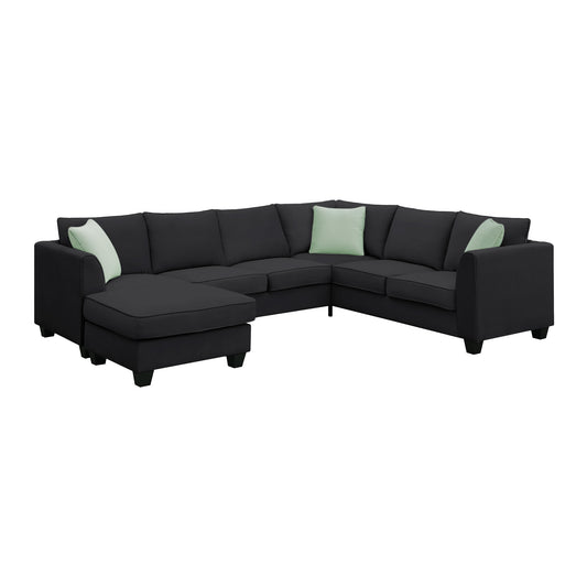 L-Shaped Fabric Sectional Sofa with Ottoman, 7 Seats, 112x87 in, Modern Living Room, 3 Pillows, Black