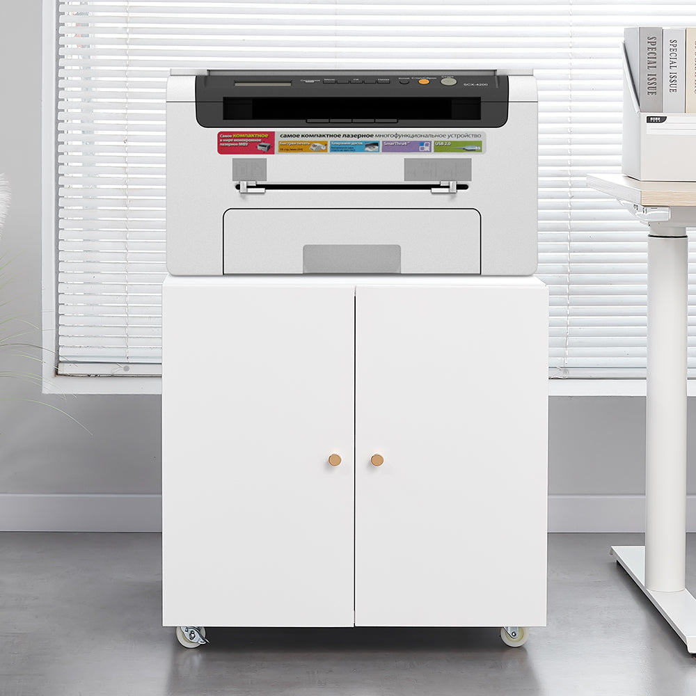 Mobile Metal Printer Stand with Storage and Adjustable Shelves for Home Office on Wheels (White)