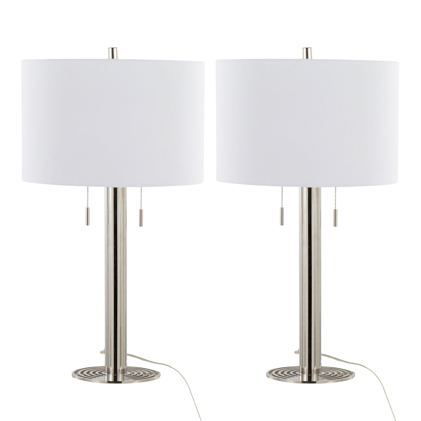 Contemporary Metal Table Lamp Set of 2, 29-Inch Tall, Linen Shade, Pull-Chain, Polished Nickel