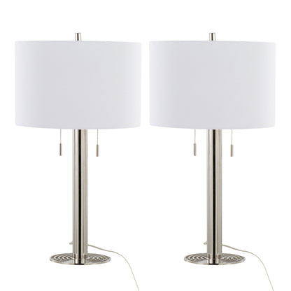 Contemporary Metal Table Lamp Set of 2, 29-Inch Tall, Linen Shade, Pull-Chain, Polished Nickel