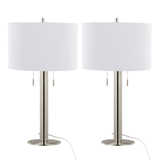 Contemporary Metal Table Lamp Set of 2, 29-Inch Tall, Linen Shade, Pull-Chain, Polished Nickel