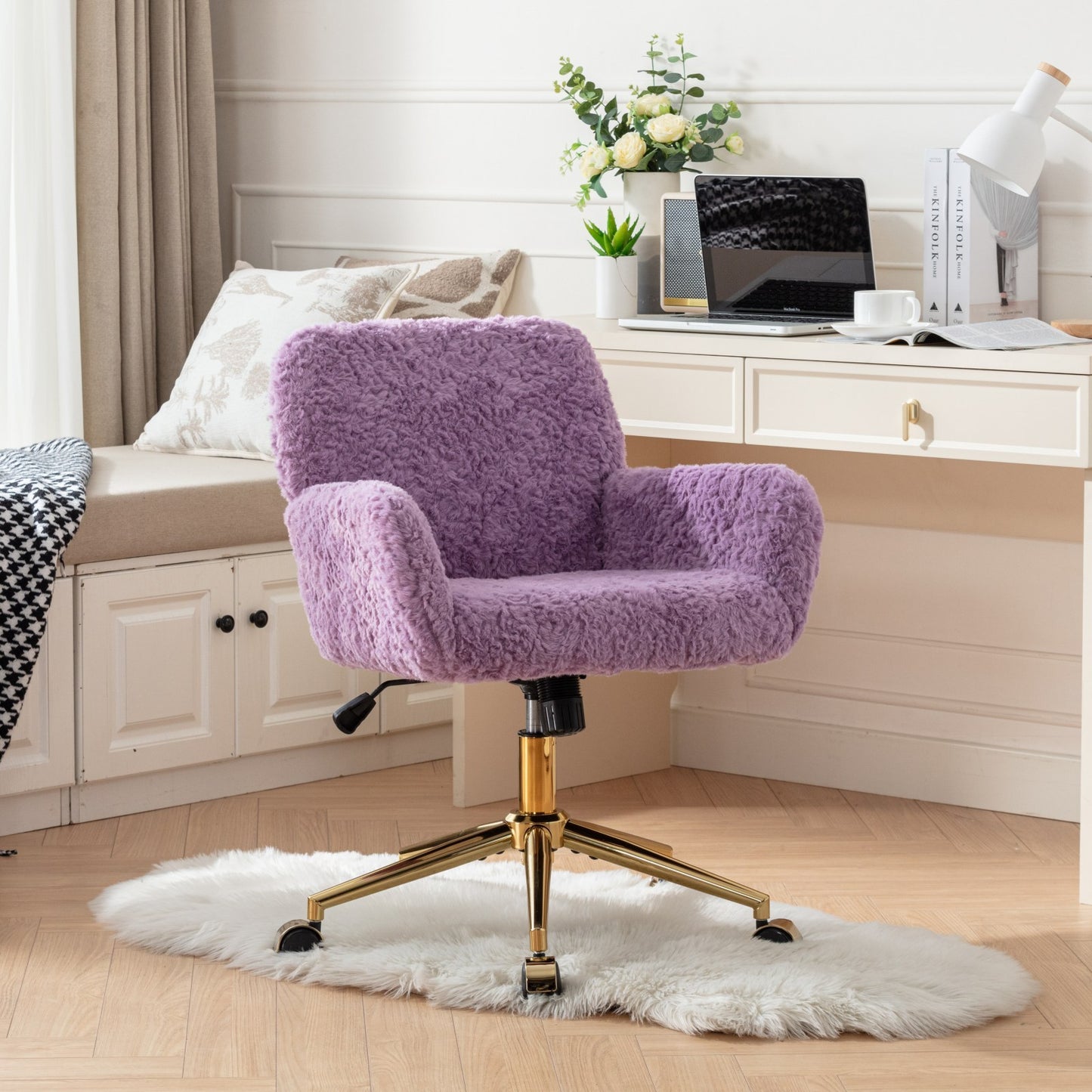 Violet Velvet Office Chair with Golden Base, Adjustable Swivel Design, Plush Artificial Alpaca Wool Upholstery, Ideal for Home and Vanity Use
