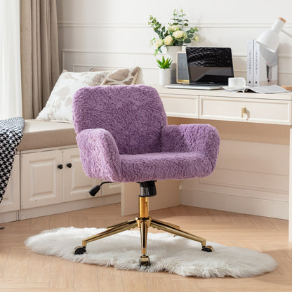 Violet Velvet Office Chair with Golden Base, Adjustable Swivel Design, Plush Artificial Alpaca Wool Upholstery, Ideal for Home and Vanity Use