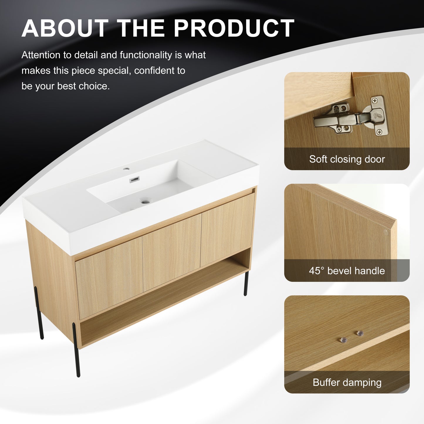 Modern Oak 48" Bathroom Vanity Set with Single Resin Sink and 3-Door Storage Cabinet