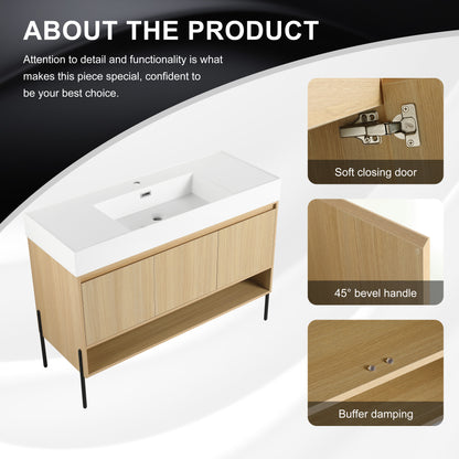 Modern Oak 48" Bathroom Vanity Set with Single Resin Sink and 3-Door Storage Cabinet