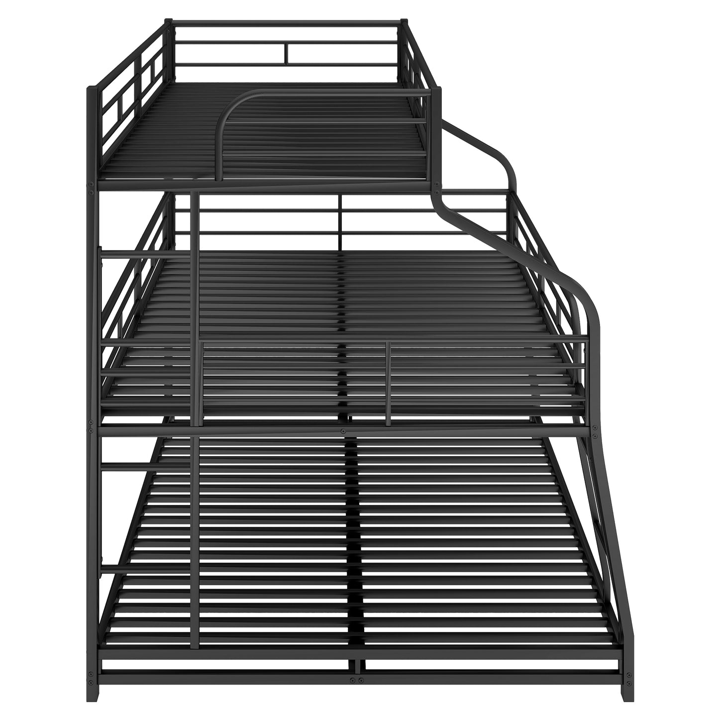 Metal Triple Bunk Bed in Black for Twin XL, Full XL, and Queen Sizes with Dual Ladders and Full-Length Guardrails