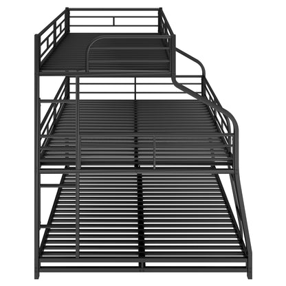 Metal Triple Bunk Bed in Black for Twin XL, Full XL, and Queen Sizes with Dual Ladders and Full-Length Guardrails