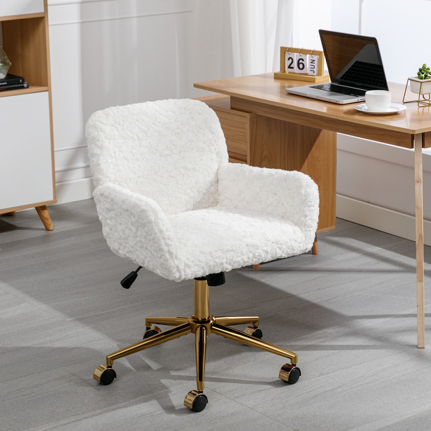 Elegant Beige Velvet Office Chair with Golden Base and Adjustable Recline, Swivel Desk & Vanity Chair