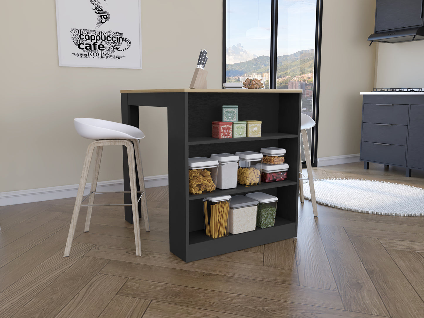 Multifunctional Kitchen Counter Table Shelves Pine Black