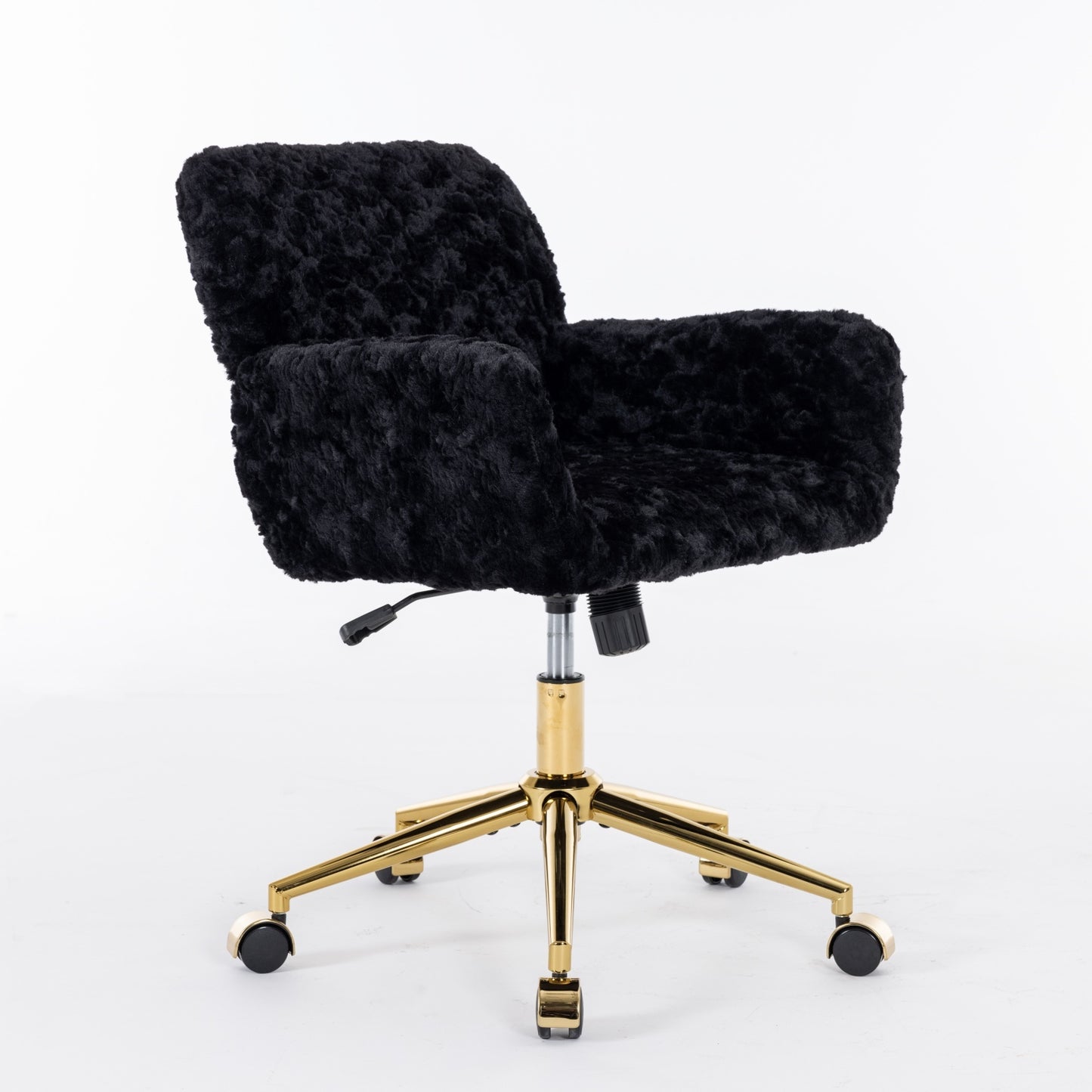 Elegant Black Upholstered Office Chair with Golden Metal Base, Adjustable Swivel Design, Ideal for Home and Vanity Use