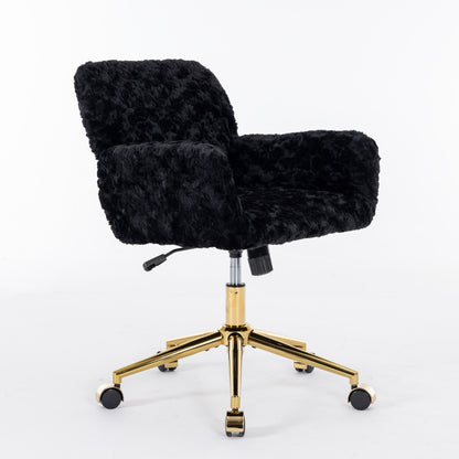 Elegant Black Upholstered Office Chair with Golden Metal Base, Adjustable Swivel Design, Ideal for Home and Vanity Use