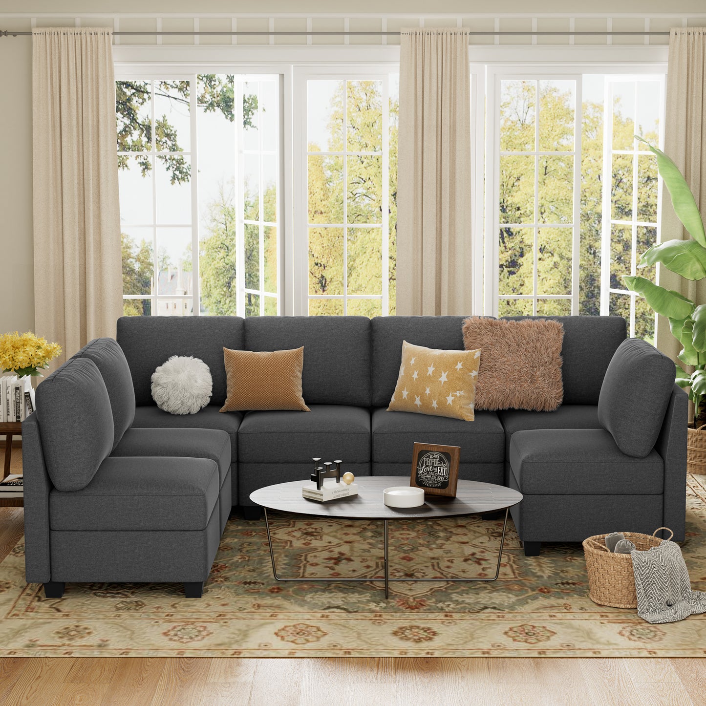 Modular Sectional Sofa, 7 Seats, Convertible U/L/Bed, Storage, 27-Inch Seats, Memory Foam Cushions Gray