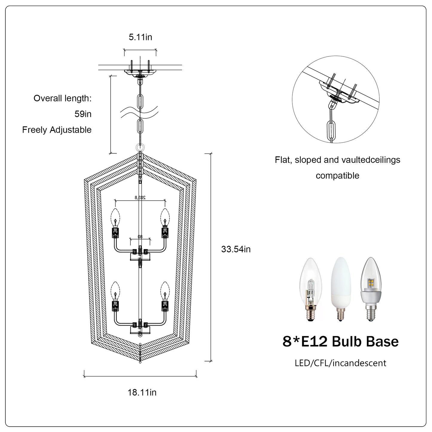 8-Light Lantern Farmhouse Pendant Chandelier for Kitchen Island & Dining, Metal E12 Sockets - Matte Black